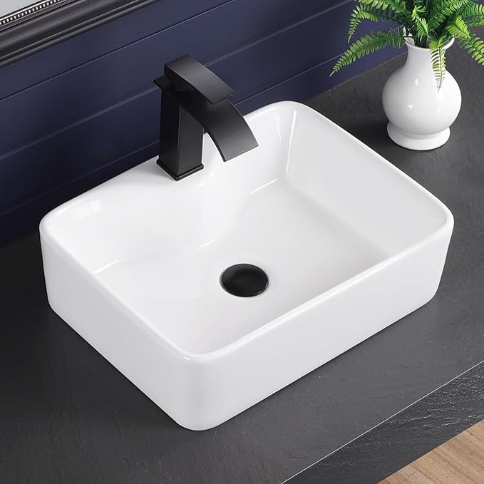 Vessel Sink 19"x15" Rectangular Bathroom Sink Modern White Porcelain Ceramic Above Counter Drop-in Vanity Sink for Bathrooms Art Basin with Faucet Hole