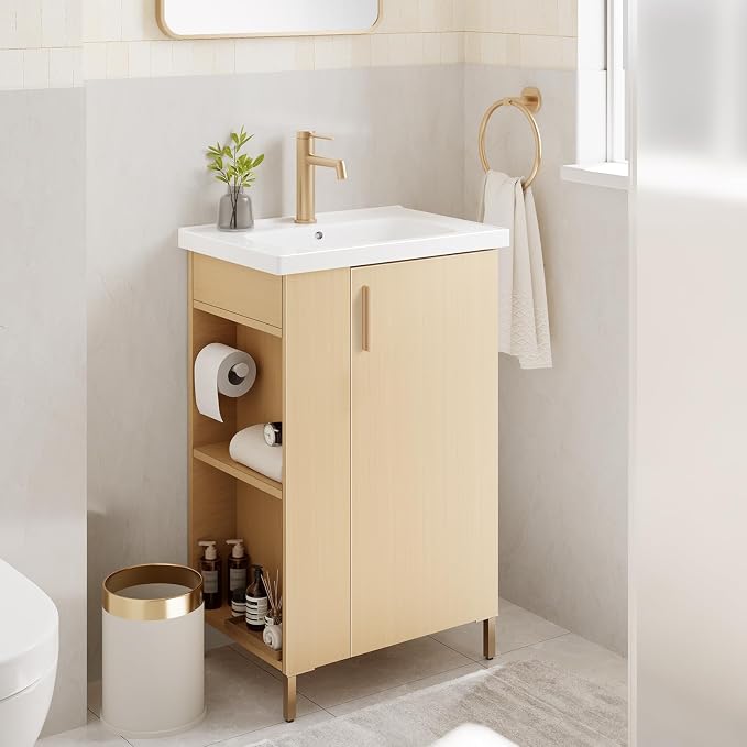 20 Inch Oak Pre-Assembled Freestanding Small Bathroom Vanity with Sink, Soft-Close Door, Left Side Storage, Space-Saving Design, No Faucet, BV05-20-oak-plus
