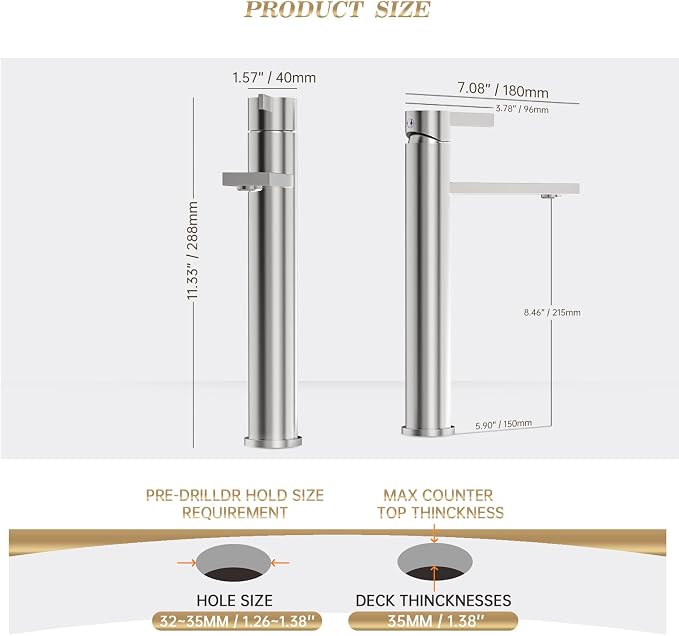 Brushed Nickel Tall Bathroom Vessel Sink Faucet, Single Hole Single Handle Modern Bathroom Faucet, with Pop Up Drain and Water Supply Line, FH02-BN-V