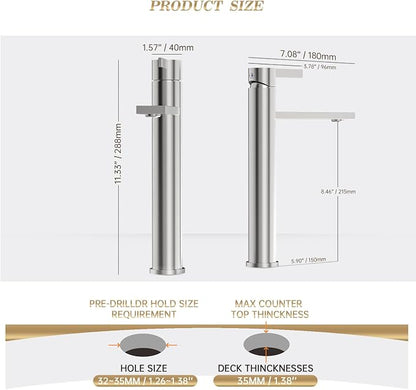 Brushed Nickel Tall Bathroom Vessel Sink Faucet, Single Hole Single Handle Modern Bathroom Faucet, with Pop Up Drain and Water Supply Line, FH02-BN-V