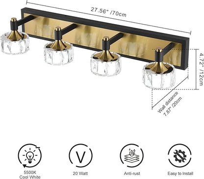4 Light Bathroom Vanity Light, Dimmable Crystal Modern Bathroom Light Fixtures Over Mirror, Gold and Black Modern Vanity Light, Elegant Water Ripple Wall Sconce Lights