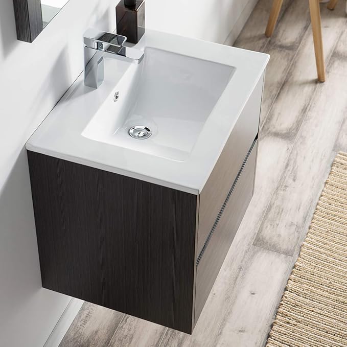 Blossom 24 Inch Bathroom Vanity with Sink - All Wood Floating Vanity Cabinet with Ceramic Sink - 2 Soft-Closing U-Shaped Cutout Drawers - Modern Bathroom Storage Vanities, Silver Grey Finish