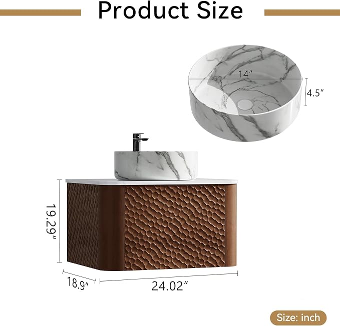 24 Inch Modern Bathroom Vanity with Ceramic Sink, Floating Bathroom Vanity Cabinet with Sintered Stone Top&Solid Wood Hammered Frame, Single Sink Bathroom Vanities w/Soft-Close Drawers,Walnut