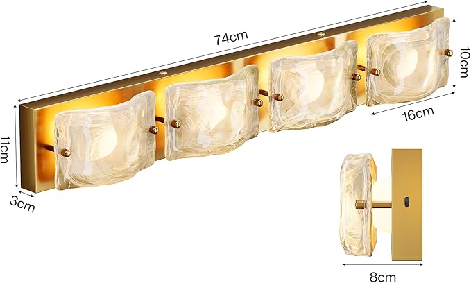 Tribesigns 4-Light Vanity Fixtures, Curved Cloud Glass Lampshades Gold Copper Plate, Modern Bathroom Wall Lighting Fixtures Over Mirror, 3CCT LED Vanity Lights (29-Inch, 3000K/4000K/5000K, Dimmable)