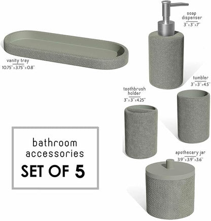 Clara Clark Bathroom Set - Sage Green Bathroom Accessories Set, 5PC Bathroom Accessory Set, Bathroom Sets with Soap Dispenser, Toothbrush Holder, Tumbler, Cotton Swab Jar & Vanity Tray