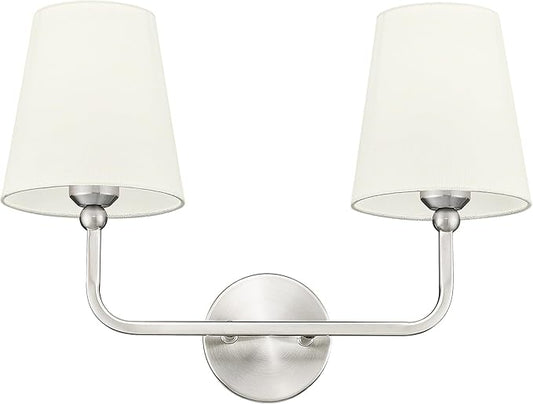 2-Light Bathroom Light Fixtures, Brushed Nickel Vanity Lights, Double Wall Sconce with Beige Fabric Shade, Modern Sconces Wall Lighting for Hallway Bedroom Stairway, VL837-BN-B-2