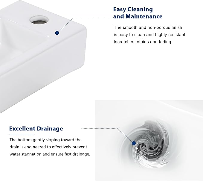 Sarlai Floating Vessel Sink Wall Mounted - 15"x7" Wall Mount Hang Small Bathroom Sinks Tiny Small Modern Rectangle Floating White Porcelain Ceramic Vanity Sink, Right Hand