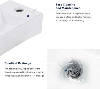 Sarlai Floating Vessel Sink Wall Mounted - 15"x7" Wall Mount Hang Small Bathroom Sinks Tiny Small Modern Rectangle Floating White Porcelain Ceramic Vanity Sink, Right Hand