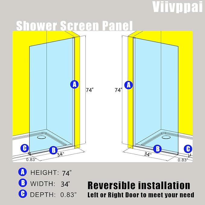 Shower Screen 34" x 74" Half Frameless Shower Wall Panel, Tempered Glass 3/8 inch, Easy to clean Coating, Fixed Glass Shower Door with Hardware (Matte Black)