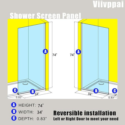Shower Screen 34" x 74" Half Frameless Shower Wall Panel, Tempered Glass 3/8 inch, Easy to clean Coating, Fixed Glass Shower Door with Hardware (Matte Black)