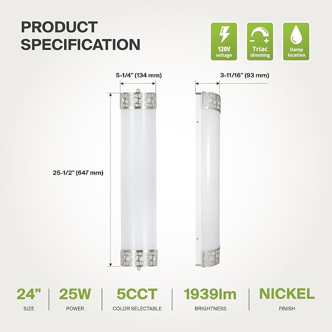 ASD 24 Inch LED Bathroom Vanity Light, 5CCT 2700K-5000K 25W, Dimmable Bathroom Light Fixtures, Modern Vanity Lights for Bathroom Lighting Fixtures Over Mirror, Wall Light Bar, Brushed Nickel, ETL