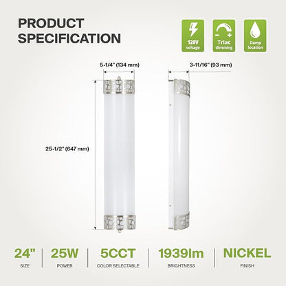 ASD 24 Inch LED Bathroom Vanity Light, 5CCT 2700K-5000K 25W, Dimmable Bathroom Light Fixtures, Modern Vanity Lights for Bathroom Lighting Fixtures Over Mirror, Wall Light Bar, Brushed Nickel, ETL