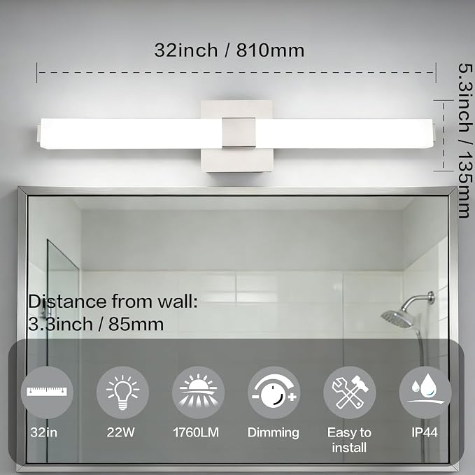 32-inch Dimmable Vanity Light Fixture: Brushed Nickel Modern Sleek LED Bathroom Light Bar Brightness& Waterproof