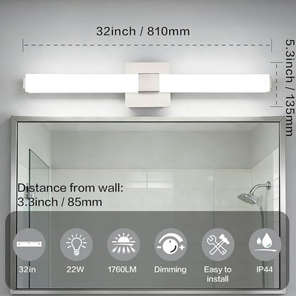 32-inch Dimmable Vanity Light Fixture: Brushed Nickel Modern Sleek LED Bathroom Light Bar Brightness& Waterproof