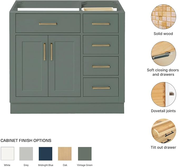 ARIEL Hepburn 36-inch Bathroom Vanity Base Cabinet,Solid Wood, 2 Soft Closing Doors, 5 Dovetail Drawers, Vintage Green