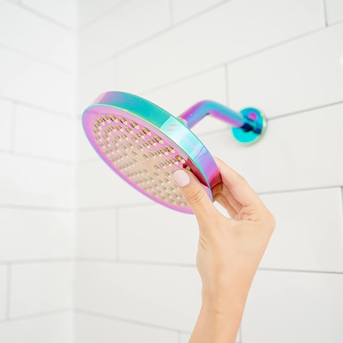 SparkPod Rain Shower Head, 6 Inch Round, Radiant Rainbow Finish | High Pressure Shower Heads, 90 Nozzles, Adjustable Showerhead, No Tools Needed, Universal Connection