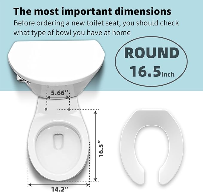 Commercial Heavy Duty Open Front Toilet Seat Without Cover, Thickened Material, Never Loosen, ROUND, White (16.5”)1-Pack