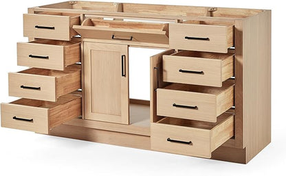 ARIEL Hepburn 60-inch Bathroom Vanity Base Cabinet,Solid Wood, 2 Soft Closing Doors, 9 Dovetail Drawers, White Oak