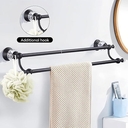 Crystal Black Towel Holder Double Adjustable Towel Bar 13 to 25 Inch, Towel Rack Rail for Bathroom Wall Mounted
