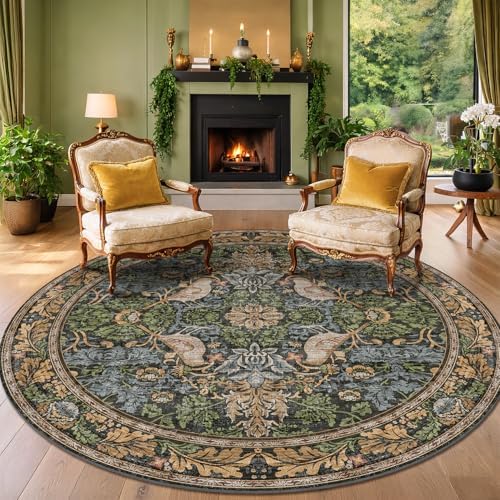Washable Boho Round Rugs 8ft for Living Room, Ultra Soft Forest Large Circular Area Rugs for Bedroom, Dining Room Under Kitchen Table Non-Slip, Vintage Green Floral Round Floor Carpet Décor