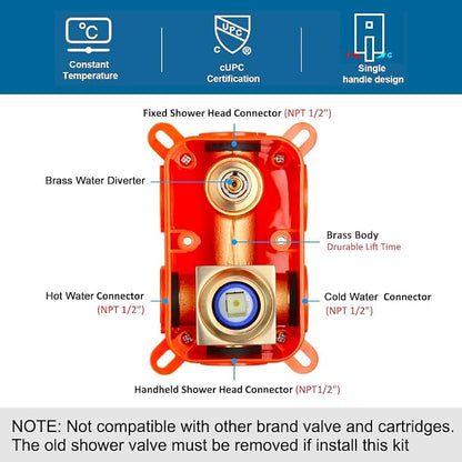 Brushed Gold Shower Faucet Set Complete Bathroom Rainfall Shower Fixture Wall Mounted 8 Inch Shower Head System and Handle Set with Rough-in Valve Body and Trim Kit