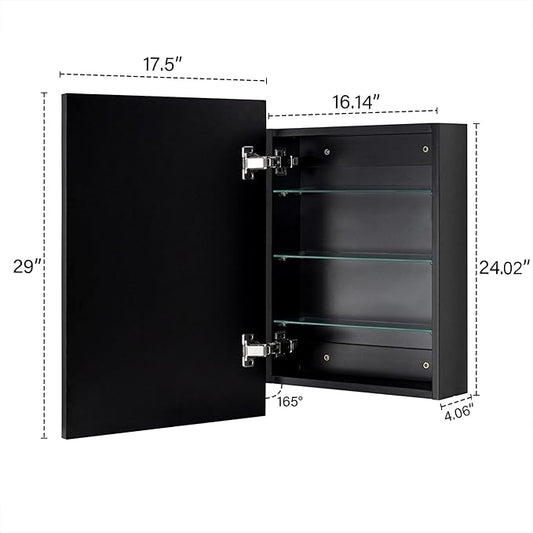 TEHOME 17.5'' x 29'' Black Recessed and Surface Mount Bathroom Medicine Cabinet with Mirror Matt Black Square Cornered Metal Framed Rounded Rectangle Medicine Cabinet Mirror