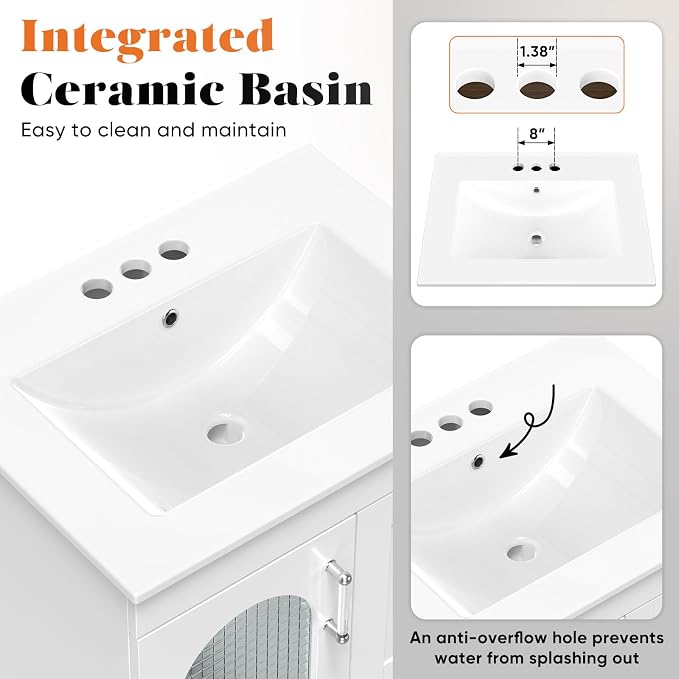 Sweetcrispy 24 Inch Bathroom Vanity with Sink, Bathroom Storage Cabinet | Modern Ceramic Basin Undermount 1-Door 2-Drawer Freestanding Combo Set, Ivory