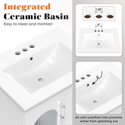 Sweetcrispy 24 Inch Bathroom Vanity with Sink, Bathroom Storage Cabinet | Modern Ceramic Basin Undermount 1-Door 2-Drawer Freestanding Combo Set, Ivory