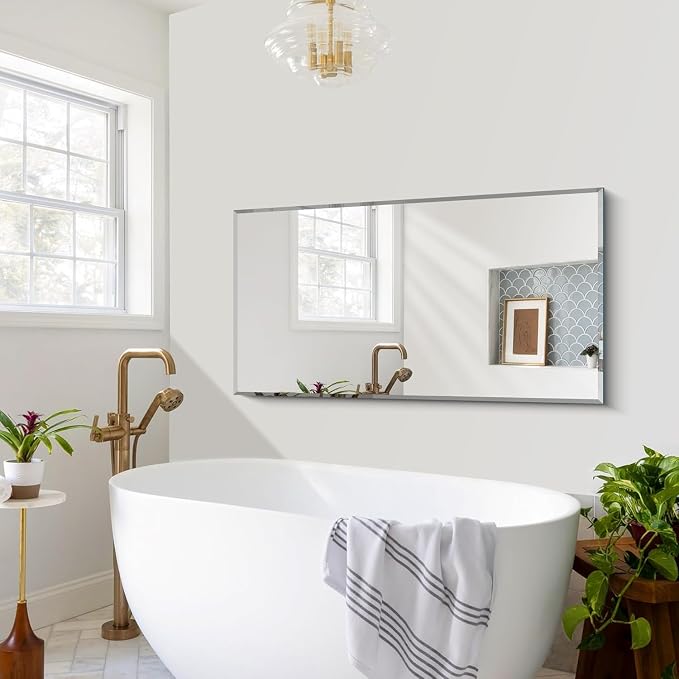 CILIBER Beveled Mirror, 24x48 Large Frameless Bathroom Mirrors for Wall, 3mm Tempered Glass Rectangle Vanity Mirror with Beveled Edge, Crystal-Clear, Hangs Horizontally or Vertically