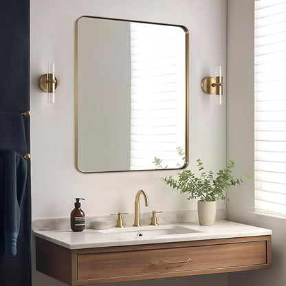 Gold Bathroom Mirror, 30x36 Brushed Brass Rectangle Mirror for Bathroom, Modern Rectangular Wall Mounted Mirror for Vanity, Crafted of Stainless Steel Metal Frame…