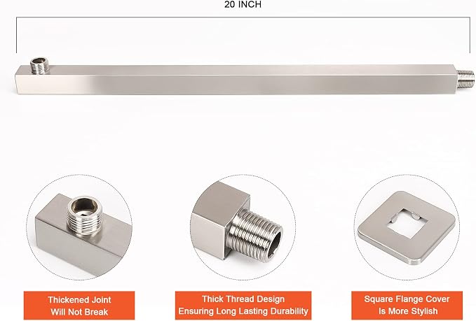Shower Head with Extension Arm, High Pressure Square with ShowerArm, Stainless Steel Rainfall-Waterfall Full Body Coverage (16'' Shower with 20'' Arm, Brushed Nickel)
