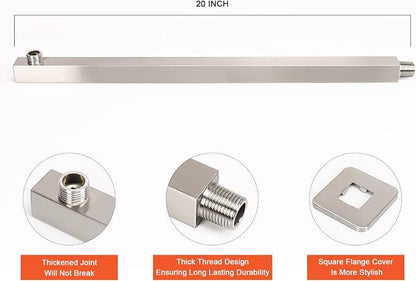 Shower Head with Extension Arm, High Pressure Square with ShowerArm, Stainless Steel Rainfall-Waterfall Full Body Coverage (16'' Shower with 20'' Arm, Brushed Nickel)