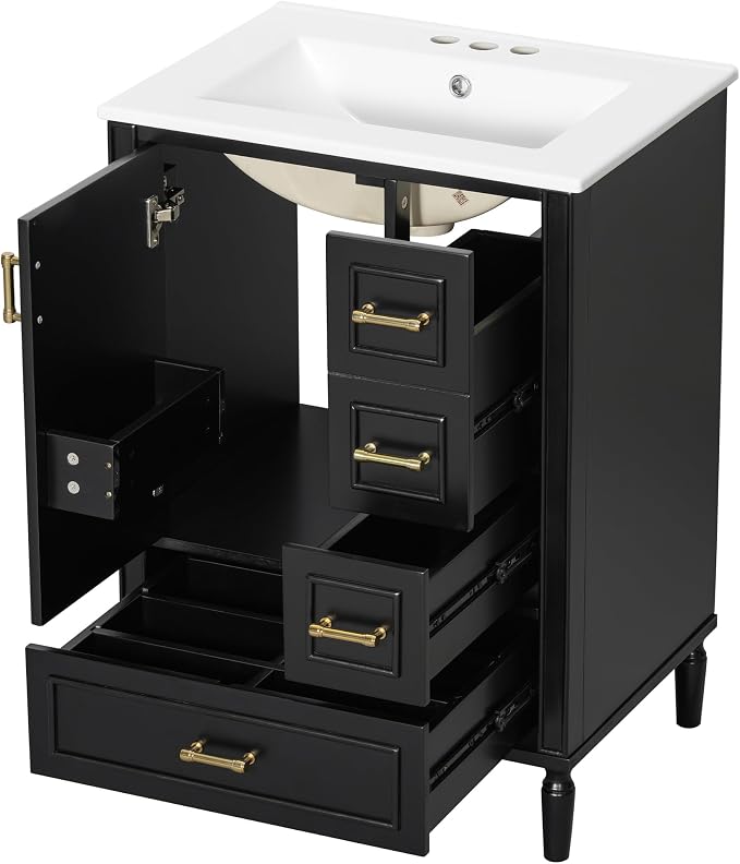 24 Inch Modern Bathroom Vanity with Ceramic Sink, Freestanding Bathroom Cabinet with Soft-Close Door, 3 Drawers, Gold Handles & Door-Mounted Storage Rack, Solid Wood & MDF, Black