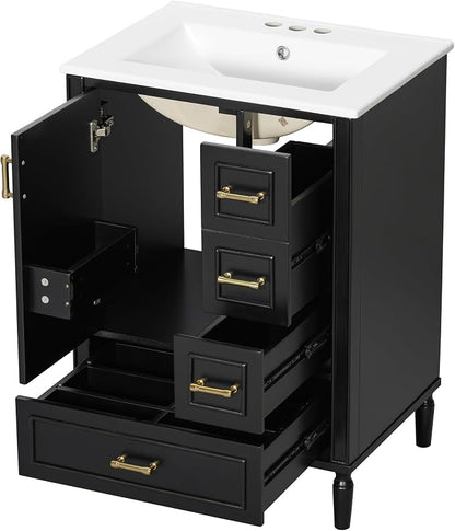24 Inch Modern Bathroom Vanity with Ceramic Sink, Freestanding Bathroom Cabinet with Soft-Close Door, 3 Drawers, Gold Handles & Door-Mounted Storage Rack, Solid Wood & MDF, Black