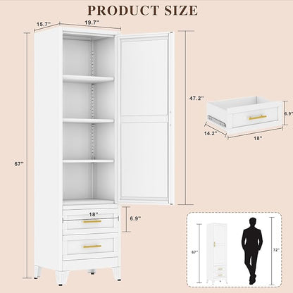 Tall Metal Narrow Storage Cabinet 67" H with 2 Drawer, White Pantry Cabinets with 3 Adjustable Shelves and Door,Tall Bathroom Cabinet for Kitchen, Home Office, Living Room, Dining Room
