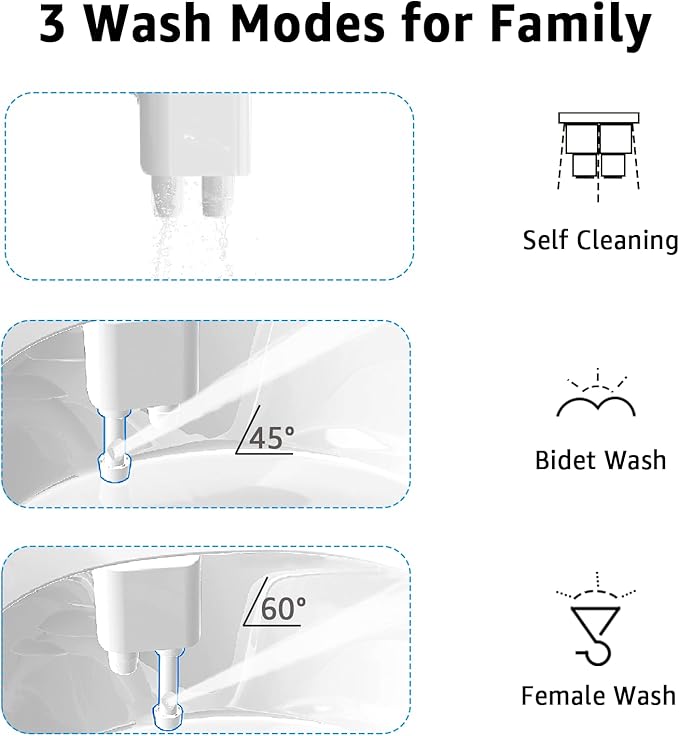 Bidet Toilet Attachment, Toilet Bidet Cold Water No-Electric, 3 Wash Modes Female Wash/Bidet Wash/Self-Cleaning, Super-Slim Design, 2 Years Support, Black