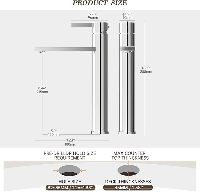Chrome Tall 1 Hole Bathroom Vessel Sink Faucet, Single Hole Single Handle Modern Bathroom Faucet, with Pop Up Drain and Water Supply Line, FH02-C-V