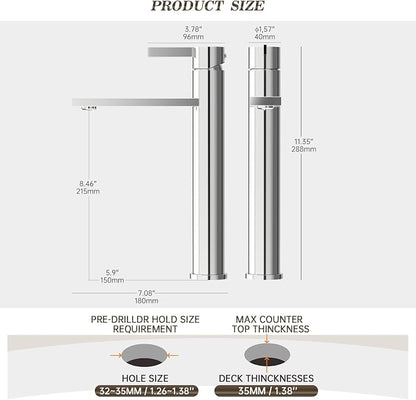 Chrome Tall 1 Hole Bathroom Vessel Sink Faucet, Single Hole Single Handle Modern Bathroom Faucet, with Pop Up Drain and Water Supply Line, FH02-C-V