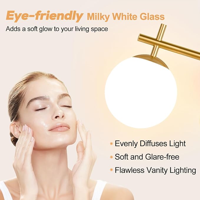 4-Light Bathroom Light Fixtures, Brushed Gold Vanity Lights for Bathroom with Milky White Glass Shade, Bathroom Lighting Fixtures Over Mirror, Wall Sconce for Bedroom (Bulb Not Included)