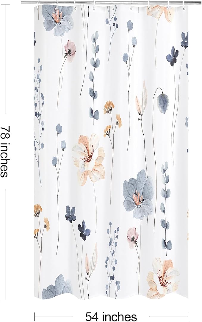 Blue Beige Watercolor Floral Fabric Shower Curtain, 54x78 | Waterproof Fabric, Modern Minimalist Floral Print, Machine Washable, Rustproof Grommets, for Bathroom Home, Stall
