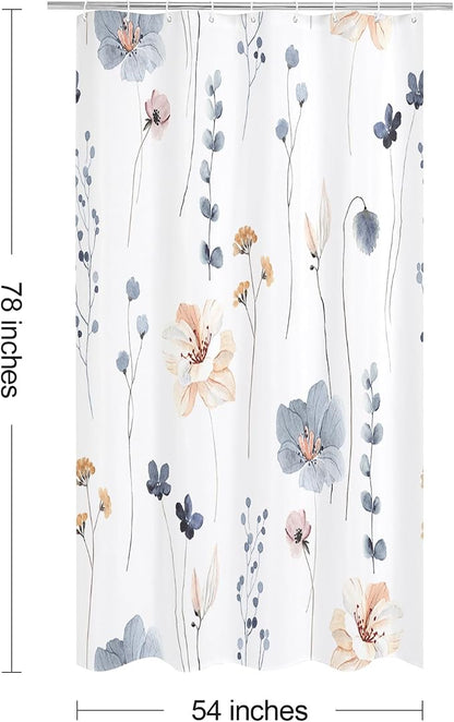Blue Beige Watercolor Floral Fabric Shower Curtain, 54x78 | Waterproof Fabric, Modern Minimalist Floral Print, Machine Washable, Rustproof Grommets, for Bathroom Home, Stall