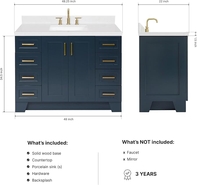 Emilia 48-Inch Bathroom Vanity with Sink — Midnight Blue Single Sink Bathroom Vanity, 1.5" Edge Carrara Quartz Countertop, Solid Wood, 2 Soft Closing Doors, 9 Dovetail Drawers