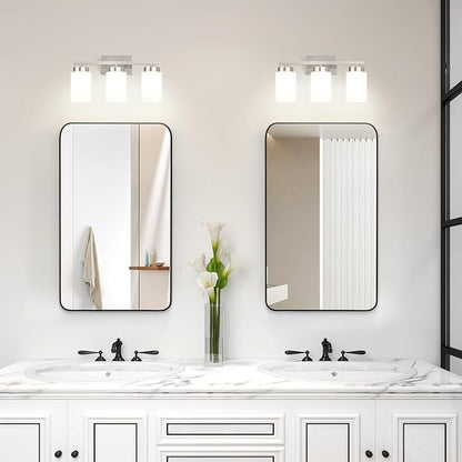IZORRO Modern Bathroom Light Fixtures, 3 Light Brushed Nickel Vanity Lights, Bathroom Lighting Fixtures Over Mirror with White Glass for Living Room Cabinet Bedroom