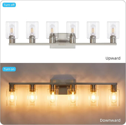 6-Light Bathroom Vanity Light, Brushed Nickel Vanity Lights for Bathroom, Bathroom Lights Fixtures Over Mirror, Large Vanity Light Over Mirror Modern Wall Sconce with Clear Glass Shade