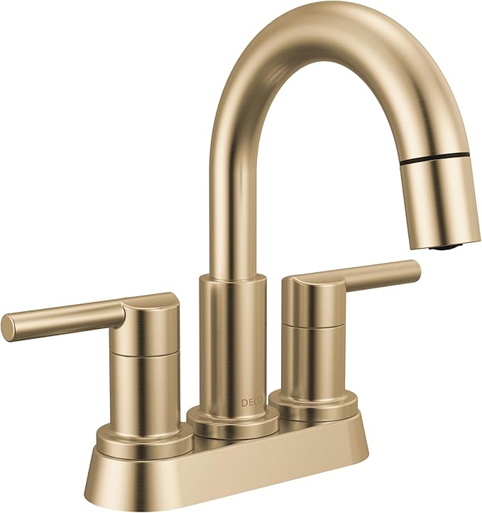 Delta Nicoli Centerset Brushed Gold Bathroom Faucet with Sprayer, 4 Inch 3 Hole Bathroom Sink Faucet with Pull Out Sprayer, Push-Pop Drain, Champagne Bronze 25749LF-CZPD