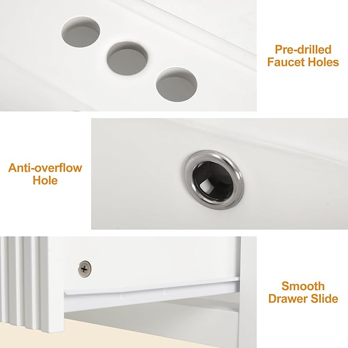 RoyalCraft 24'' Bathroom Vanity with Sink Combo, Wall Mounted Floating Sink Cabinet with 2 Hidden Damping Drawers, Grooved Stripe Design Bathroom Ceramic Sink Cabinet, White