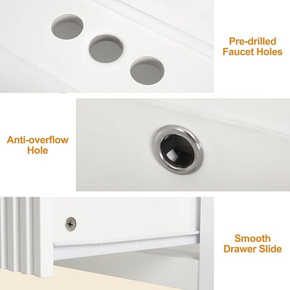 RoyalCraft 24'' Bathroom Vanity with Sink Combo, Wall Mounted Floating Sink Cabinet with 2 Hidden Damping Drawers, Grooved Stripe Design Bathroom Ceramic Sink Cabinet, White
