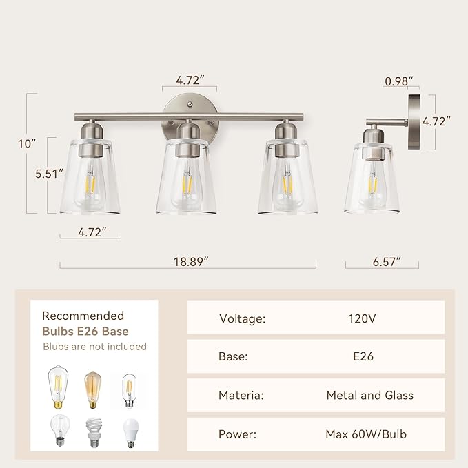 TALOYA 19 Inch Brushed Nickel Bathroom Light Fixtures with Thickend Clear Tapered Glass Shade, 3-Light Modern Vanity Light Over Mirror for Bathrooms, Bedrooms (Bulbs Not Included)