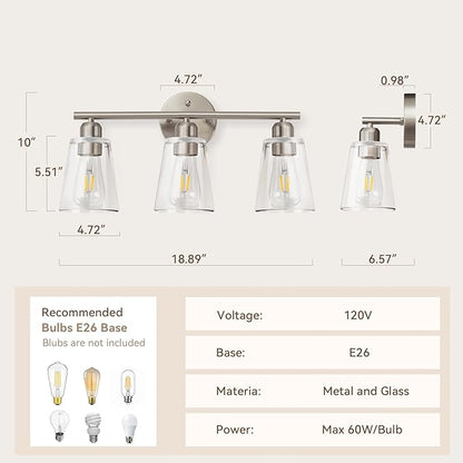 TALOYA 19 Inch Brushed Nickel Bathroom Light Fixtures with Thickend Clear Tapered Glass Shade, 3-Light Modern Vanity Light Over Mirror for Bathrooms, Bedrooms (Bulbs Not Included)