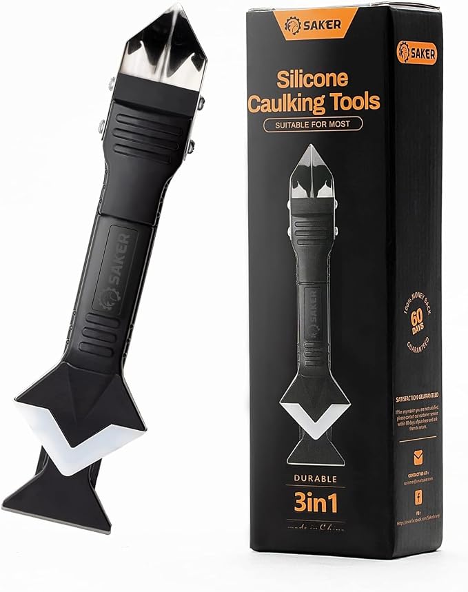 Saker Silicone Caulking Tool 3-in-1 Grout Removal Tool Classic Black | Sealant Finishing Scraper with Stainless Steelhead, Seam Repair Kit for Bathroom, Kitchen, Floor, Window and Sink Joints
